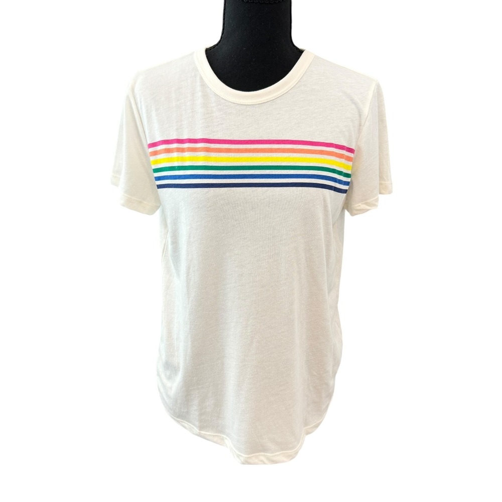 Marine Layer Women's Easy Crop Graphic Tee Soft Rainbow Stripe M Colorful Pride